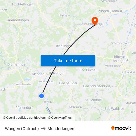Wangen (Ostrach) to Munderkingen map