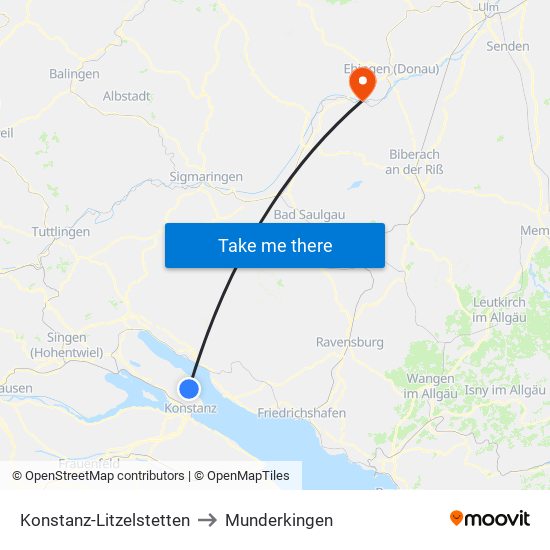 Konstanz-Litzelstetten to Munderkingen map
