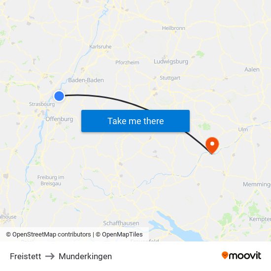 Freistett to Munderkingen map