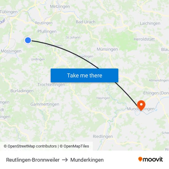 Reutlingen-Bronnweiler to Munderkingen map