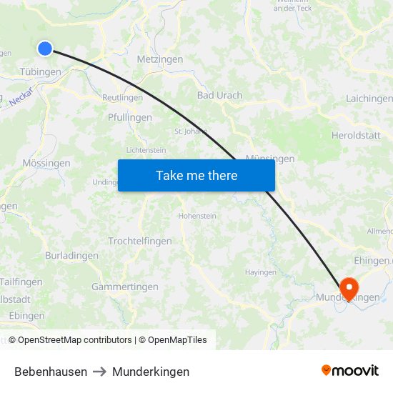 Bebenhausen to Munderkingen map