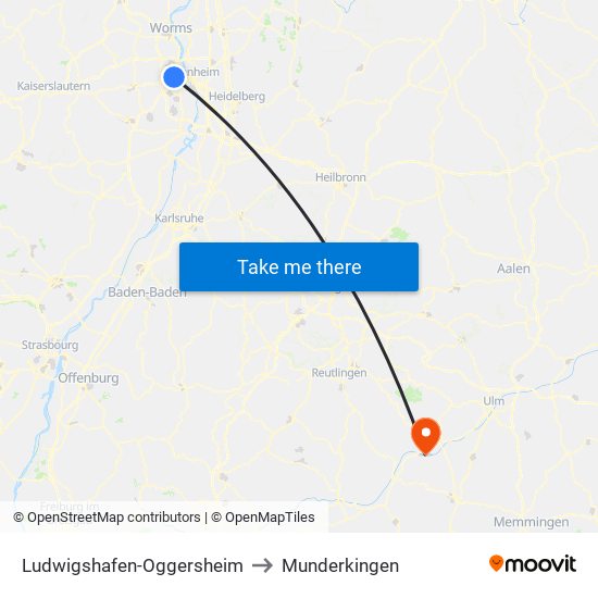 Ludwigshafen-Oggersheim to Munderkingen map