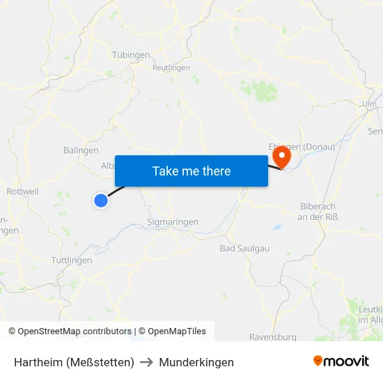 Hartheim (Meßstetten) to Munderkingen map