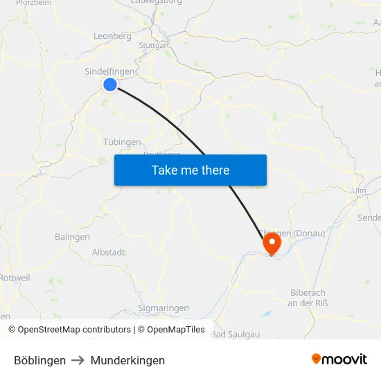 Böblingen to Munderkingen map