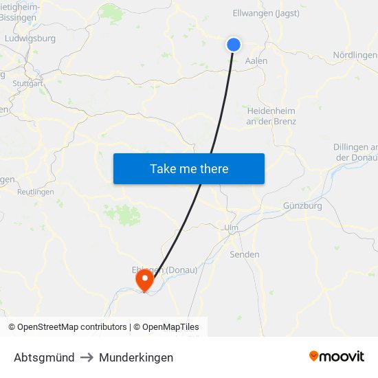 Abtsgmünd to Munderkingen map