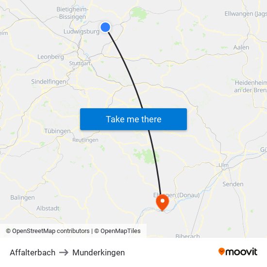 Affalterbach to Munderkingen map