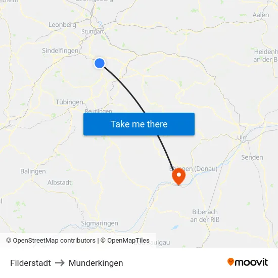 Filderstadt to Munderkingen map