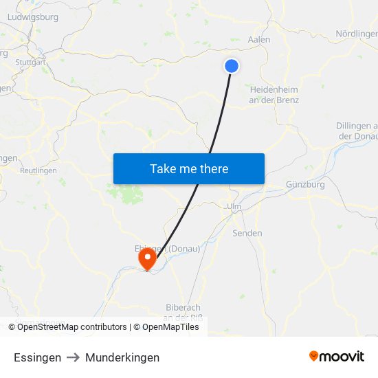 Essingen to Munderkingen map