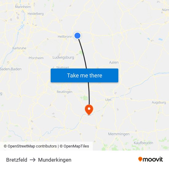 Bretzfeld to Munderkingen map