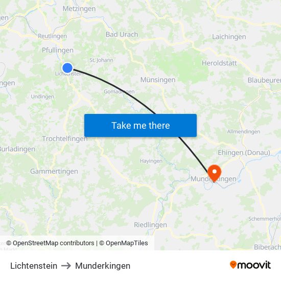 Lichtenstein to Munderkingen map