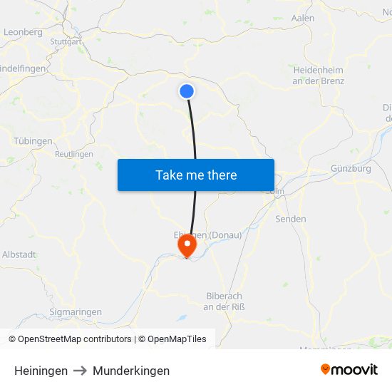 Heiningen to Munderkingen map