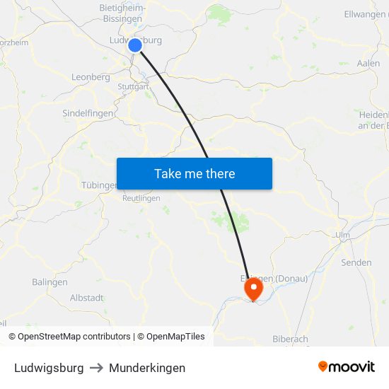 Ludwigsburg to Munderkingen map