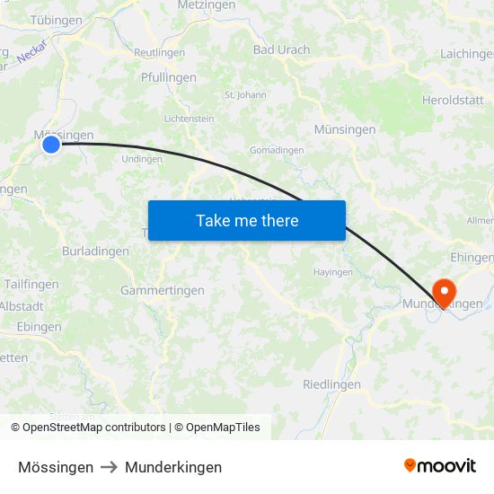 Mössingen to Munderkingen map