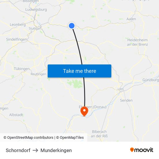 Schorndorf to Munderkingen map