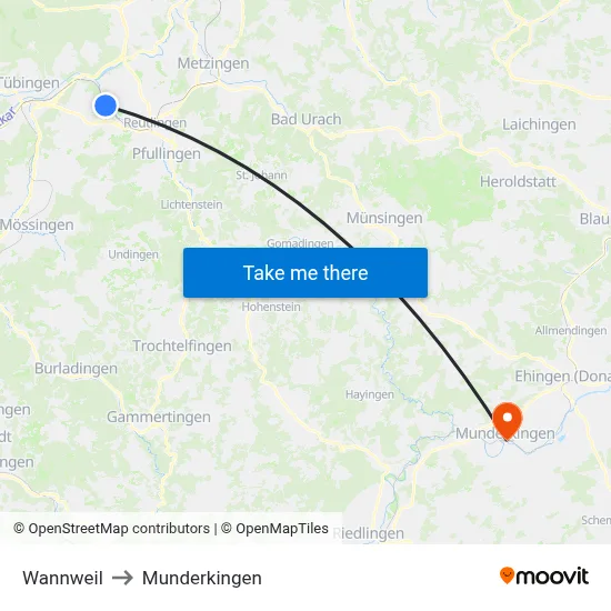 Wannweil to Munderkingen map