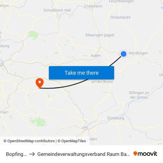 Bopfingen to Gemeindeverwaltungsverband Raum Bad Boll map