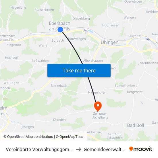 Vereinbarte Verwaltungsgemeinschaft Der Stadt Ebersbach An Der Fils to Gemeindeverwaltungsverband Raum Bad Boll map