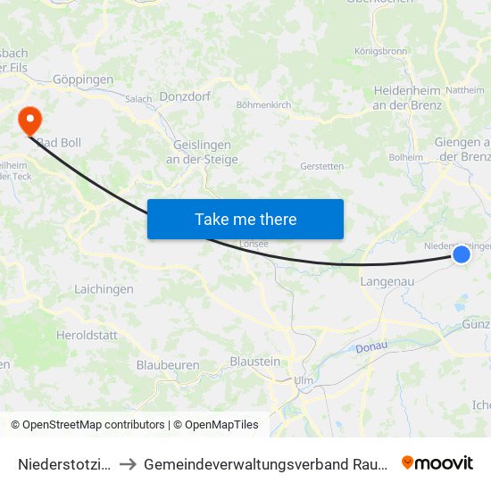 Niederstotzingen to Gemeindeverwaltungsverband Raum Bad Boll map