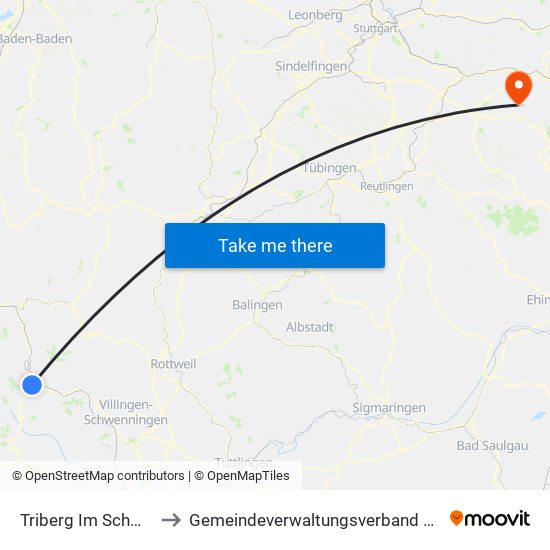 Triberg Im Schwarzwald to Gemeindeverwaltungsverband Raum Bad Boll map