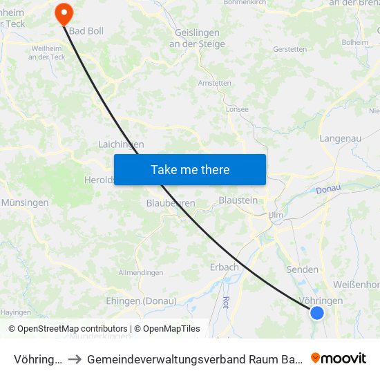 Vöhringen to Gemeindeverwaltungsverband Raum Bad Boll map