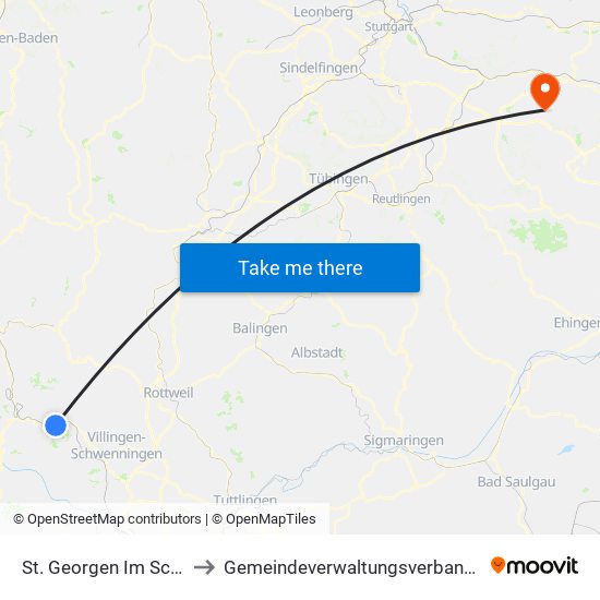 St. Georgen Im Schwarzwald to Gemeindeverwaltungsverband Raum Bad Boll map