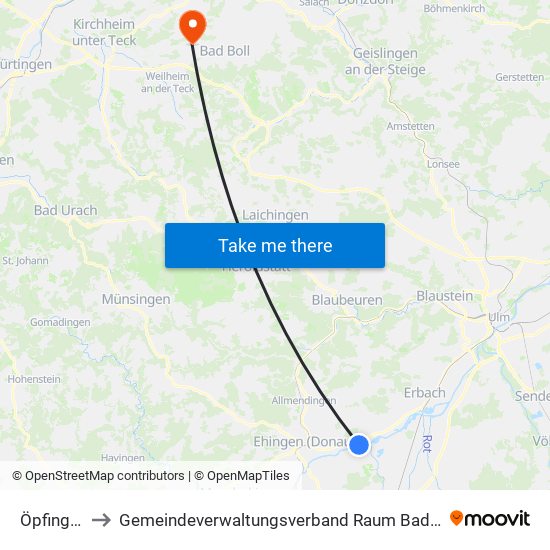 Öpfingen to Gemeindeverwaltungsverband Raum Bad Boll map
