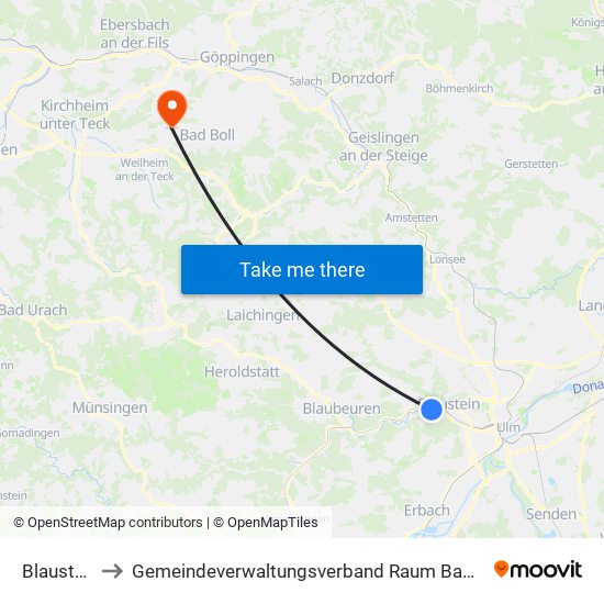 Blaustein to Gemeindeverwaltungsverband Raum Bad Boll map