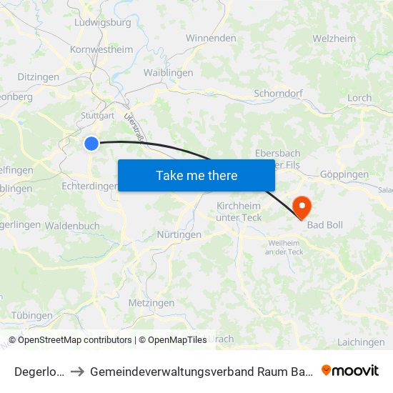 Degerloch to Gemeindeverwaltungsverband Raum Bad Boll map