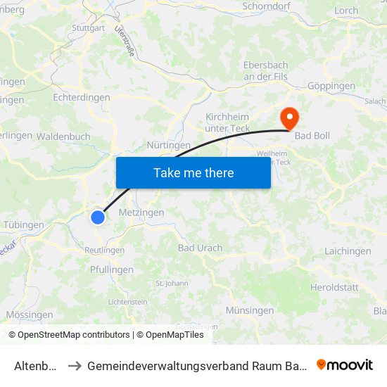 Altenburg to Gemeindeverwaltungsverband Raum Bad Boll map