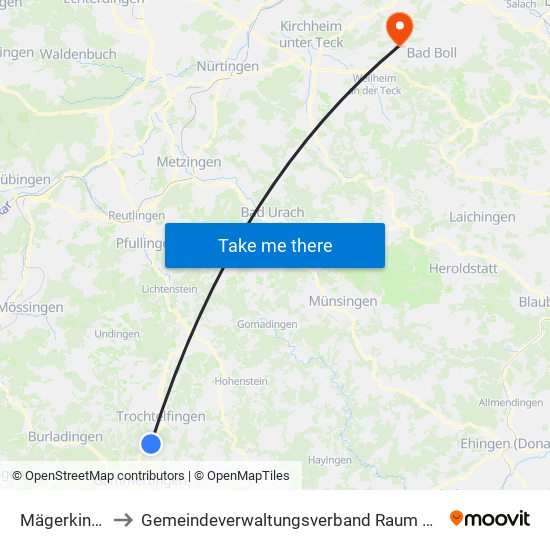 Mägerkingen to Gemeindeverwaltungsverband Raum Bad Boll map