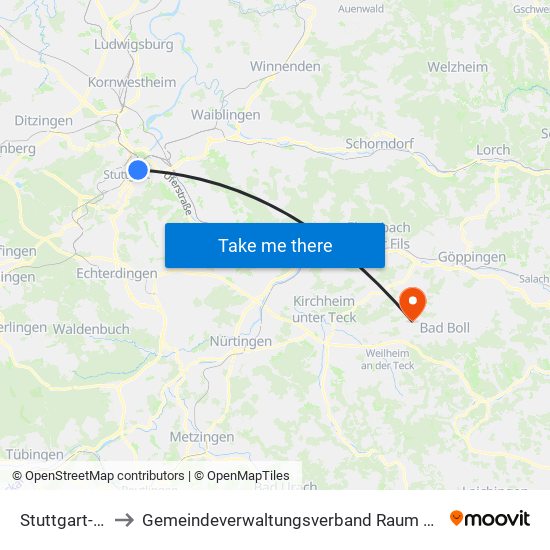 Stuttgart-Ost to Gemeindeverwaltungsverband Raum Bad Boll map
