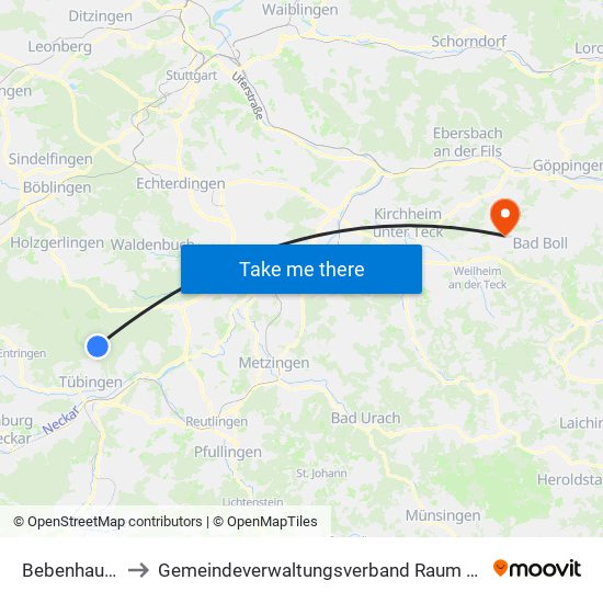 Bebenhausen to Gemeindeverwaltungsverband Raum Bad Boll map