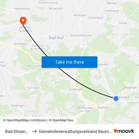 Bad Ditzenbach to Gemeindeverwaltungsverband Raum Bad Boll map