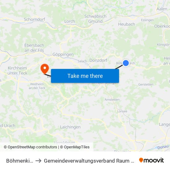 Böhmenkirch to Gemeindeverwaltungsverband Raum Bad Boll map