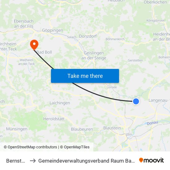 Bernstadt to Gemeindeverwaltungsverband Raum Bad Boll map