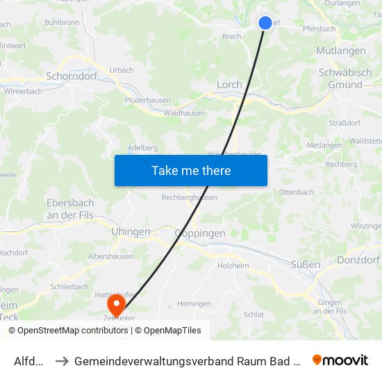 Alfdorf to Gemeindeverwaltungsverband Raum Bad Boll map