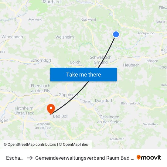 Eschach to Gemeindeverwaltungsverband Raum Bad Boll map