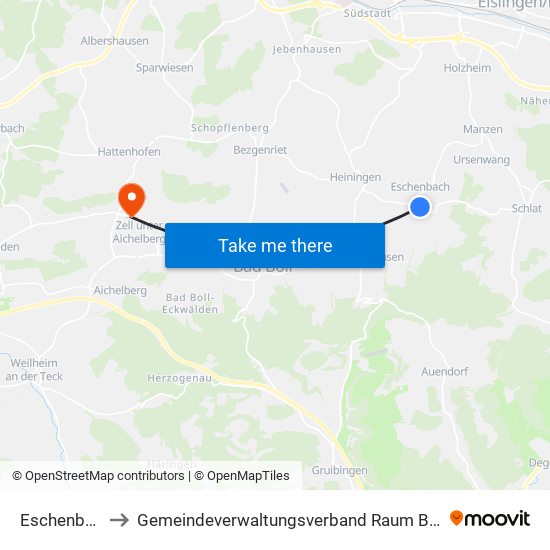 Eschenbach to Gemeindeverwaltungsverband Raum Bad Boll map