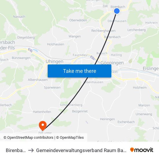 Birenbach to Gemeindeverwaltungsverband Raum Bad Boll map