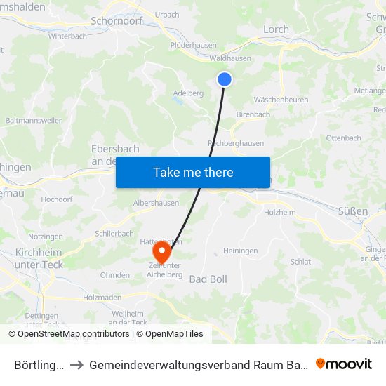Börtlingen to Gemeindeverwaltungsverband Raum Bad Boll map