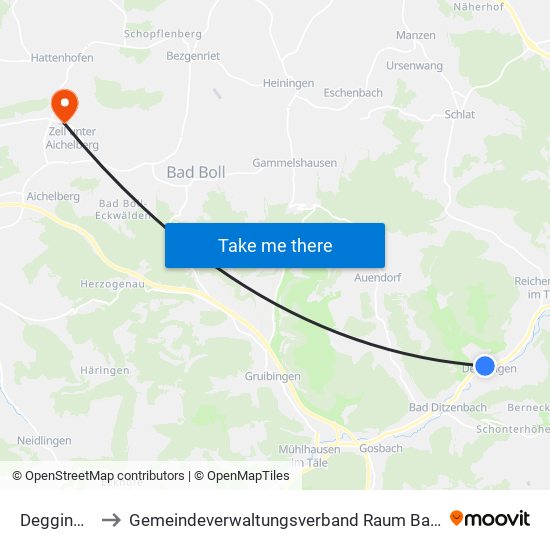 Deggingen to Gemeindeverwaltungsverband Raum Bad Boll map