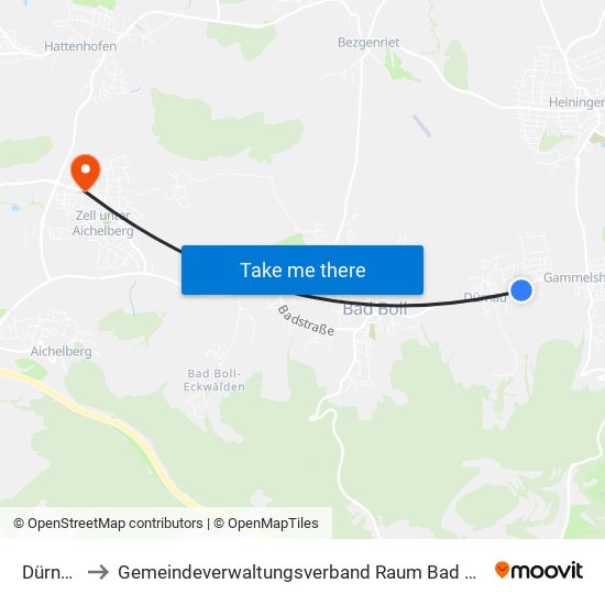 Dürnau to Gemeindeverwaltungsverband Raum Bad Boll map