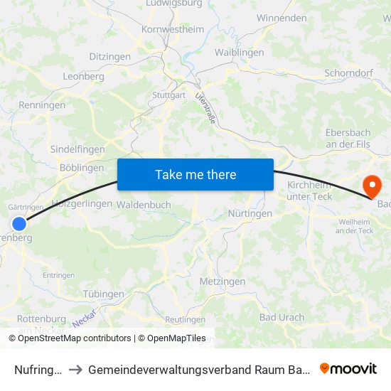 Nufringen to Gemeindeverwaltungsverband Raum Bad Boll map