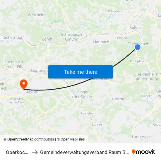 Oberkochen to Gemeindeverwaltungsverband Raum Bad Boll map