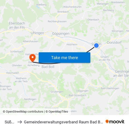 Süßen to Gemeindeverwaltungsverband Raum Bad Boll map