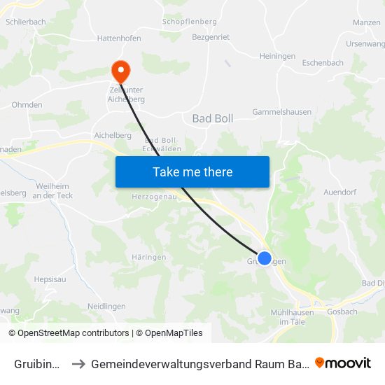 Gruibingen to Gemeindeverwaltungsverband Raum Bad Boll map