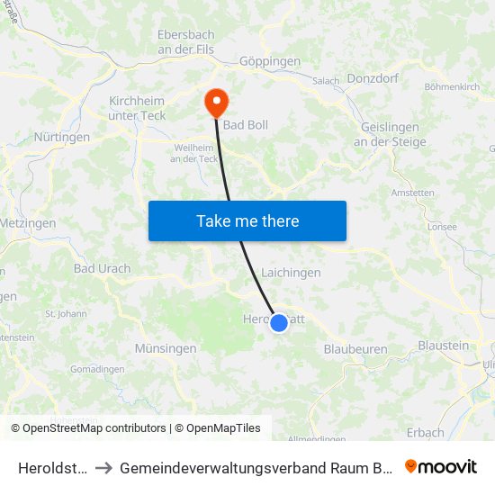 Heroldstatt to Gemeindeverwaltungsverband Raum Bad Boll map