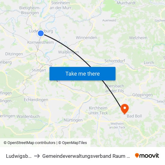 Ludwigsburg to Gemeindeverwaltungsverband Raum Bad Boll map