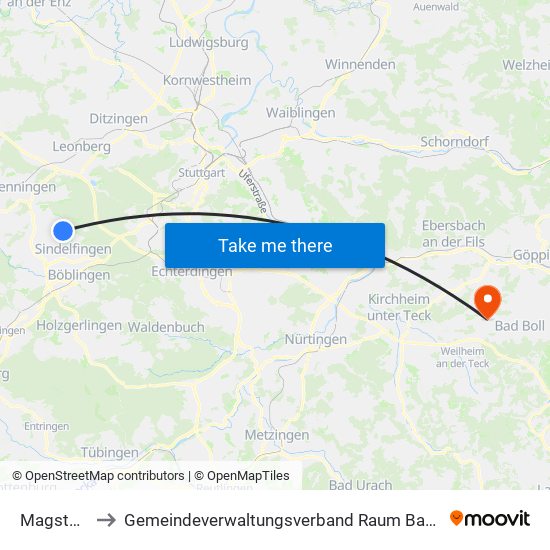 Magstadt to Gemeindeverwaltungsverband Raum Bad Boll map