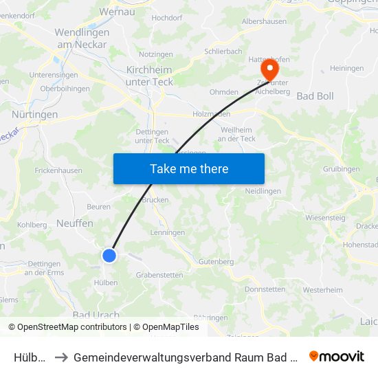 Hülben to Gemeindeverwaltungsverband Raum Bad Boll map